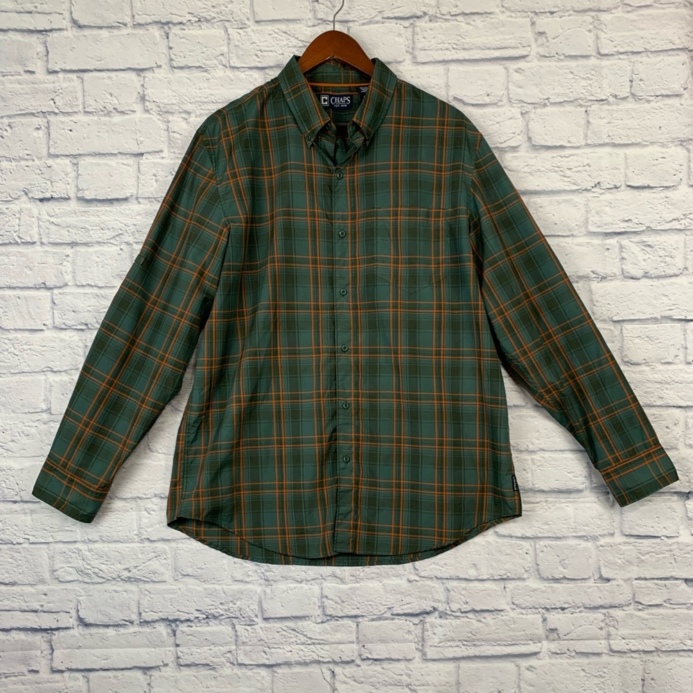 Chaps Mens Shirt Easy Care Casual Long Sleeve Green Orange Plaid Button Up Large